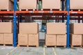 Interior of warehouse. Rows of shelves with boxes