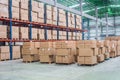 Interior of warehouse. Rows of shelves with boxes