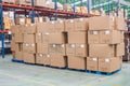 Interior of warehouse. Rows of shelves with boxes