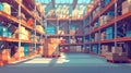 The interior of a warehouse storage room is cluttered with pallets and boxes. The stockroom for store deliveries is full