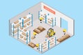 Interior warehouse with worker, isometric view