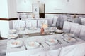 Interior of a wedding banquet hall with numerated tables Royalty Free Stock Photo