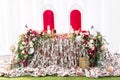 Interior of a wedding tent decoration ready for guests. Served round banquet table outdoor in marquee decorated flowers Royalty Free Stock Photo