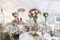 Interior of a wedding tent decoration ready for guests. Served round banquet table outdoor in marquee decorated flowers