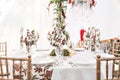 Interior of a wedding tent decoration ready for guests. Served round banquet table outdoor in marquee decorated flowers Royalty Free Stock Photo