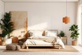 Interior white bedroom with white curtains and white pillows on wooden bed