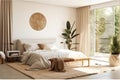 Interior white bedroom with white curtains and white pillows on wooden bed