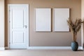 Interior with a white door, two blank frames on walls, and a vase of dried plants Royalty Free Stock Photo
