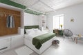 Interior in white-green colors, minimalism. double bed, bedroom comfort. Bright interior, Scandinavian style Royalty Free Stock Photo