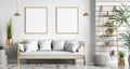 Interior with white sofa and ladder shelf in modern living room with wooden panelling and white wall with poster, home design 3d Royalty Free Stock Photo
