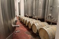 Interior of a winery making wine in oak barrels and aluminium tanks Royalty Free Stock Photo