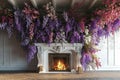 Interior with wisteria flowers and fireplace