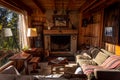 Interior of a wooden cozy cabin with comfortable couches around the fireplace, with country decoration, illuminated by Royalty Free Stock Photo