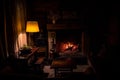 Interior of a wooden cozy and relaxing cabin with comfortable couches, country decoration, dimly lit by the fireplace and lamp.