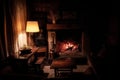 Interior of a wooden cozy and relaxing cabin with comfortable couches, country decoration, dimly lit by the fireplace