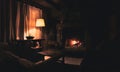 Interior of a wooden cozy and relaxing cabin with comfortable couches, country decoration, dimly lit by the fireplace and lamp.