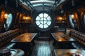 interior of wooden dining room with tables inside a medieval pirate ship. Vintage pirate sailing boat Royalty Free Stock Photo