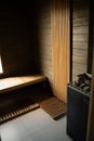 Interior of wooden Finnish sauna. classic wood sauna. Royalty Free Stock Photo