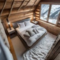 Interior of a wooden house in the mountains, a bed with pillows and a panoramic window AI-generated image