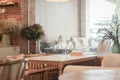 Interior wooden table and chairs decorate at cafÃÂ© coffee shop against neutral light background Royalty Free Stock Photo