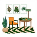 Interior of work cabinet in botanical green style. Vector vintage cozy room with furniture