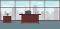 Interior of working place in the modern office.Large window with city landscape with skyscrapers.Vector illustration. Furniture: