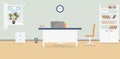 Interior of working place in the office on the light grey background. Vector illustration. Furniture: table, chair, cabinet with