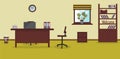 Interior of working place in the office on the light lime background. Vector illustration. Furniture: table, chair, cabinet with