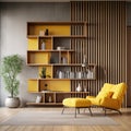 Interior with yellow armchair and ladder shelf in modern living room with wooden panelling, home design 3d rendering