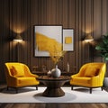 Interior with yellow armchairs and coffee tables in living room with wooden panelling, home design 3d rendering