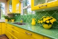 interior of a yellow, light, cozy kitchen. modern renovation. Dining room in a minimalist style. Royalty Free Stock Photo