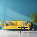 Interior with yellow sofa in modern living room with blue wall and mockup poster, home design 3d rendering Royalty Free Stock Photo