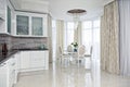 Interiors of the cottage: a large dining room with white furniture