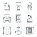 Interiors line icons. linear set. quality vector line set such as mat, cactus, pillow, succulent, cabinet, armchair, chair, lamp