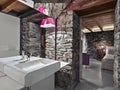 Interiors of a rustic bathroom with a view of the bedroom