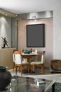 Interiors shots of a classic dining room in foreground the ancient wooden dining table