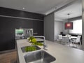 Interiors shots of a modern kitchen with kitchen island in the foreground the wirktop and steel sink integrated on hte background