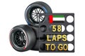 Interlagos racing, pit board with flag of the United Arab Emirates and racing wheels with different compounds type tyres. 3D