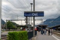 The Interlaken Ost train station platform Royalty Free Stock Photo