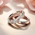 Interlocked Wedding Rings with Platinum and Diamond Bands on Rose Petals