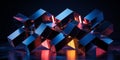 Interlocking chrome cubes with blue and orange reflections on a dark surface image Royalty Free Stock Photo