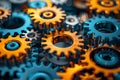Interlocking gears of different sizes and colors working together seamlessly, symbolizing teamwork and unity in