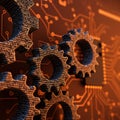 Interlocking gears with embedded text are highlighted against a circuit board Royalty Free Stock Photo