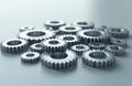 Interlocking gears on smooth surface. Metal cogs represent synergy of tech, automation. Engineering, innovation business Royalty Free Stock Photo