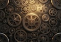 Interlocking gears of various sizes and designs are arranged densely in a complex mechanical Royalty Free Stock Photo