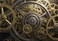 Interlocking gears in various sizes made of brass and steel, showcasing intricate engineering. The Royalty Free Stock Photo