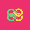 Interlocking geometric shapes form a symmetrical design on a bright pink