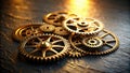 Interlocking golden gears a close-up of complex mechanical components on a dark surface. Generative AI Royalty Free Stock Photo