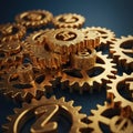 Interlocking golden gears featuring engraved binary code and embossed numbers. The Royalty Free Stock Photo