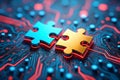 Interlocking Jigsaw Puzzle Pieces on Digital Circuit Board Technology Integration and Solution Royalty Free Stock Photo